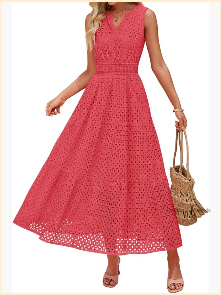 Sleeveless Maxi Dress V Neck Hollow Out Eyelet A Line Flowy Party Long Dress